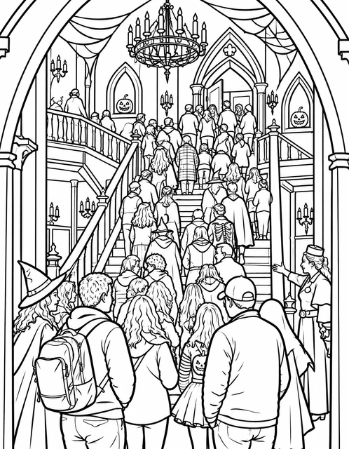 A group of people in costumes walking up grand stairs into a decorated haunted house, coloring page.