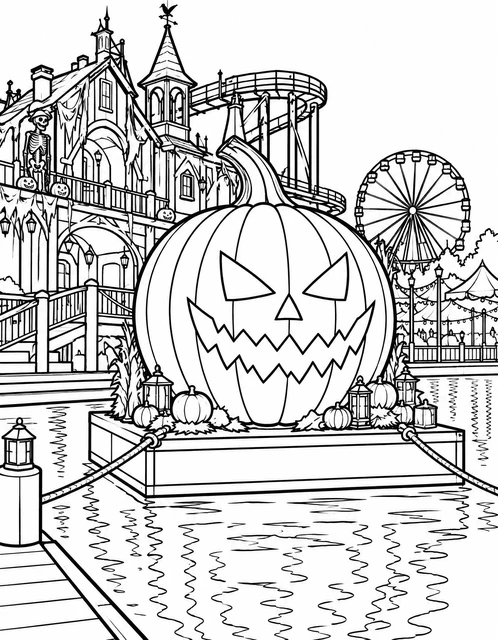 Giant jack-o'-lantern floating on water in front of a haunted house and ferris wheel, coloring page