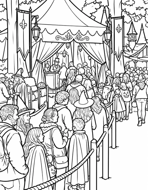 Costumed visitors waiting in line at a striped carnival tent with jack-o'-lanterns, coloring page.