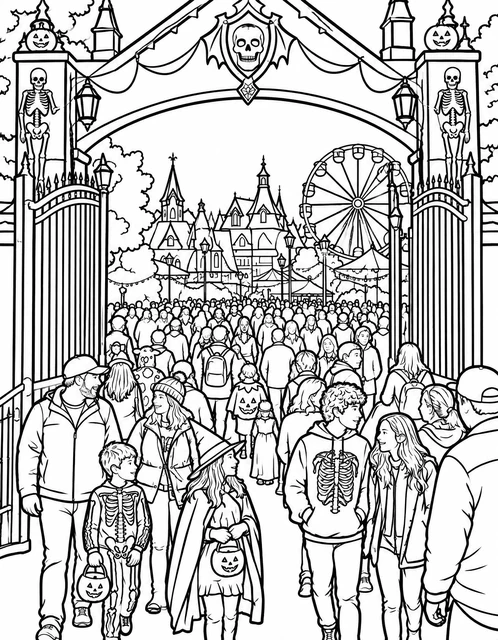 Costumed visitors walking through a skull-adorned carnival entrance toward a haunted house and ferris wheel, coloring page.