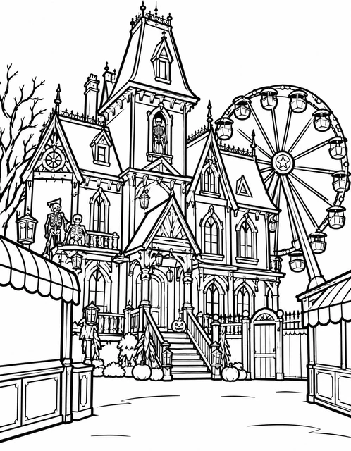 Gothic haunted house with skeletons and a Ferris wheel in a spooky fairground, coloring page