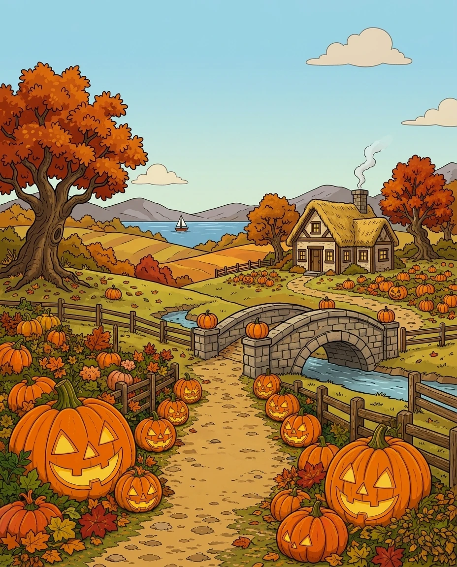 Pumpkin Hollow back cover with a pumpkin-lined path, arched stone bridge, stream, cottage and autumn fields.