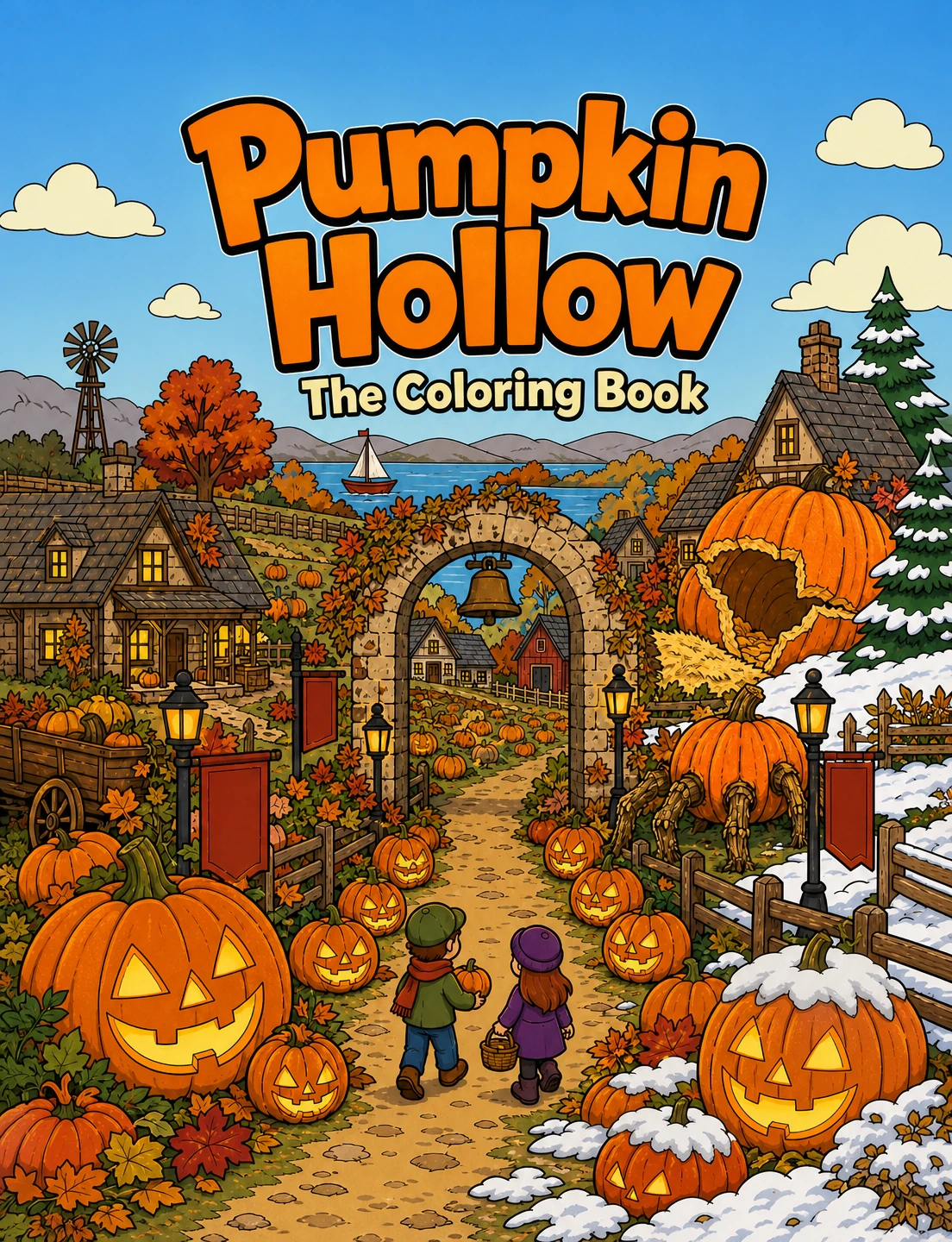 Pumpkin Hollow cover with children on a pumpkin-lined cottage lane, a stone bell gate and a dusting of snow.