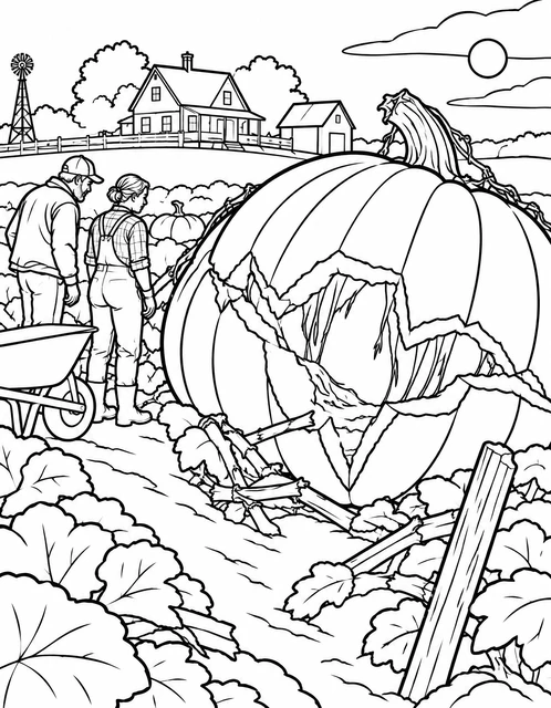 A massive cracked pumpkin in a farm field with two people and a wheelbarrow, farmhouse in the background, coloring page.