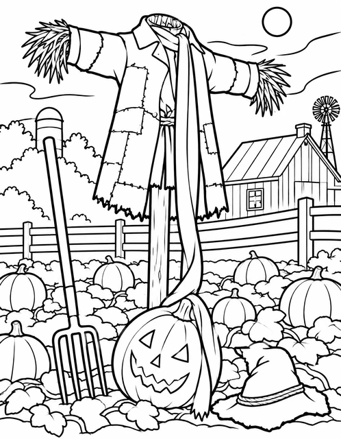 A scarecrow in a pumpkin patch beside a jack-o'-lantern and pitchfork, with a barn in the background, coloring page.