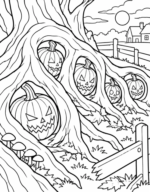 Jack-o'-lantern pumpkins tucked among large tree roots by a wooden fence, with mushrooms and a cottage, coloring page.