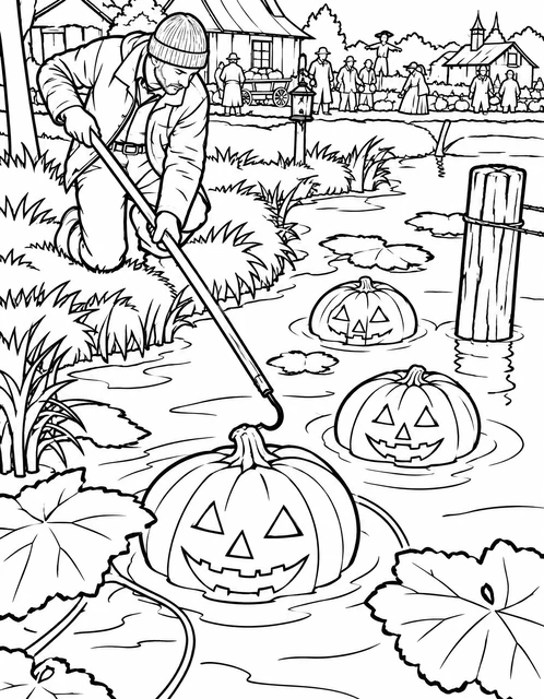 A farmer collecting jack-o'-lantern pumpkins from a pond near a village festival, coloring page.