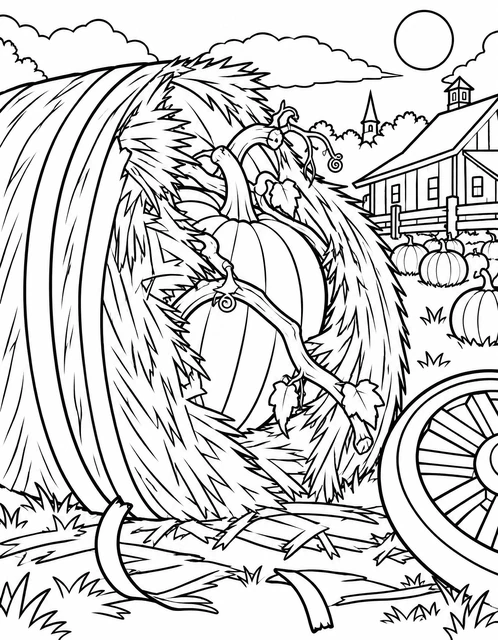 Large pumpkin nestled inside a split hay bale near a wagon wheel in a village field, coloring page