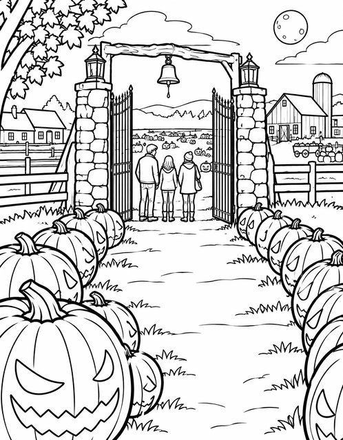 A family at a stone gate lined with jack-o'-lanterns, facing a pumpkin field and barn under a full moon, coloring page.