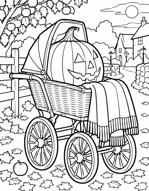 A jack-o'-lantern sitting in a vintage baby carriage on a village lane with autumn leaves, coloring page.