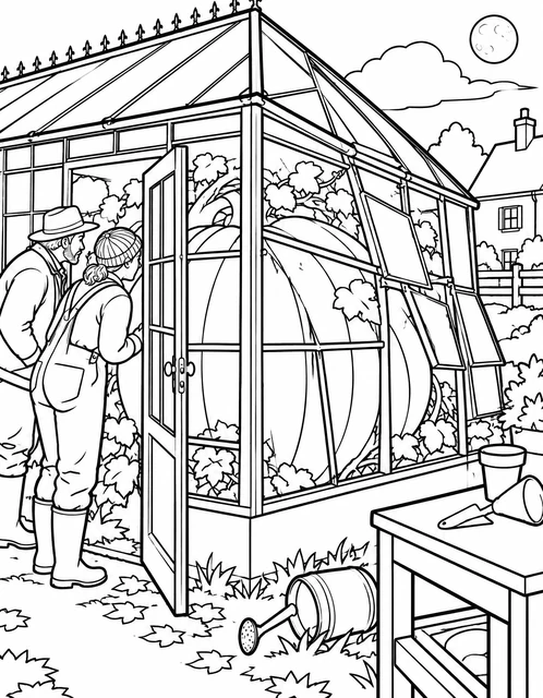 A giant pumpkin inside a glass greenhouse with two villagers peering in, moonlit night, coloring page