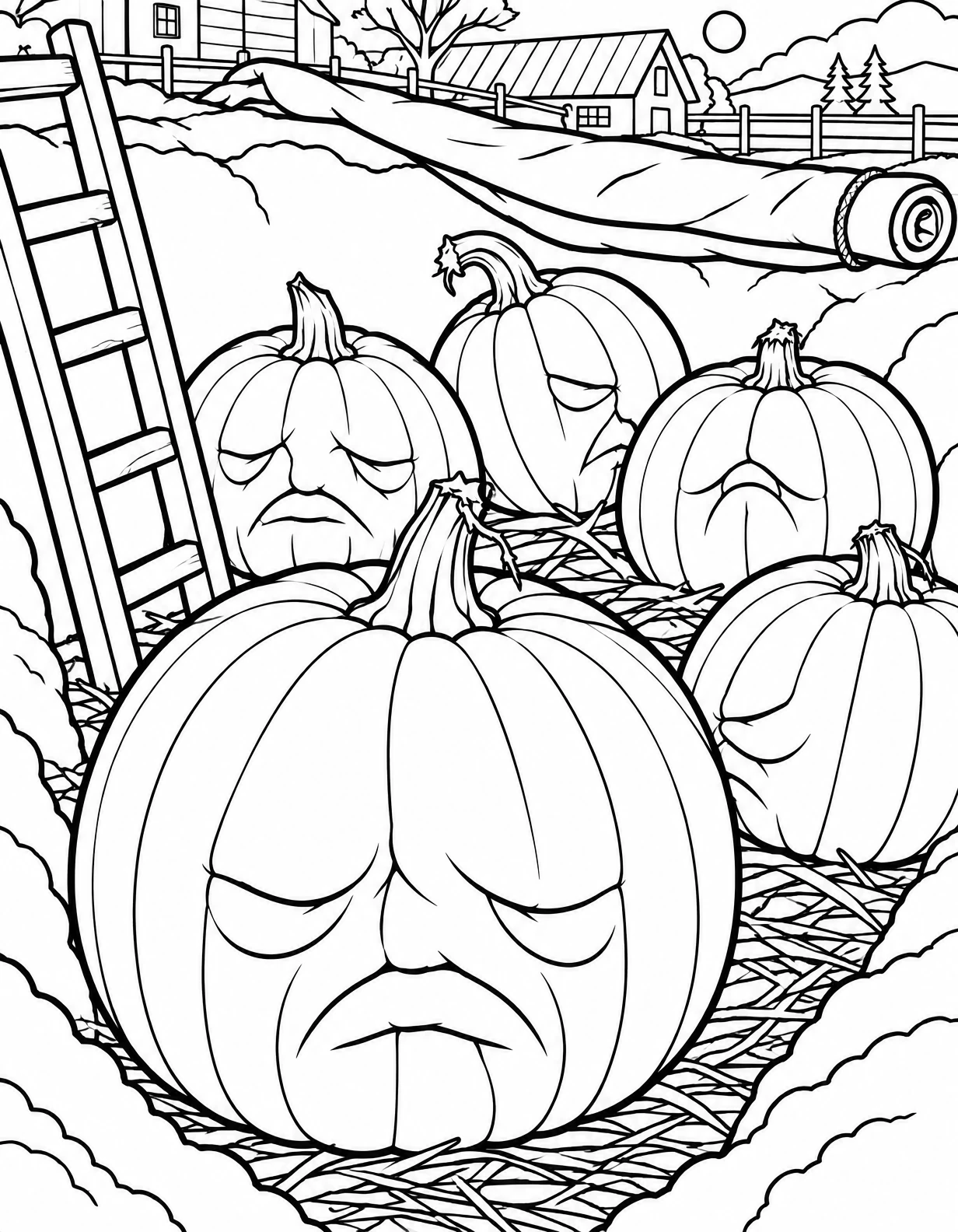 Sad Pumpkins in the Patch – Pumpkin Hollow coloring page 9 Five sad-faced pumpkins resting in a straw-filled pumpkin patch with a farmhouse in the background, coloring page.