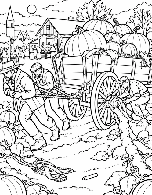Men pulling a large wagon loaded with pumpkins through a village field, with a crowd by a barn, coloring page.
