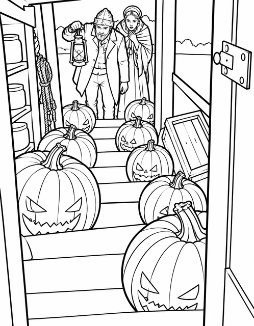 Jack-o'-lantern pumpkins scattered on a barn loft floor with two villagers peering in, coloring page