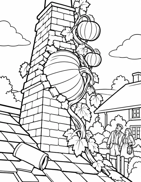 Enormous pumpkins climbing a brick chimney on a village house, with two people watching below, coloring page.
