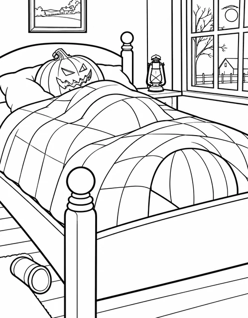 A jack-o'-lantern head on a pillow in a cozy bedroom with a lantern and moonlit window, coloring page.