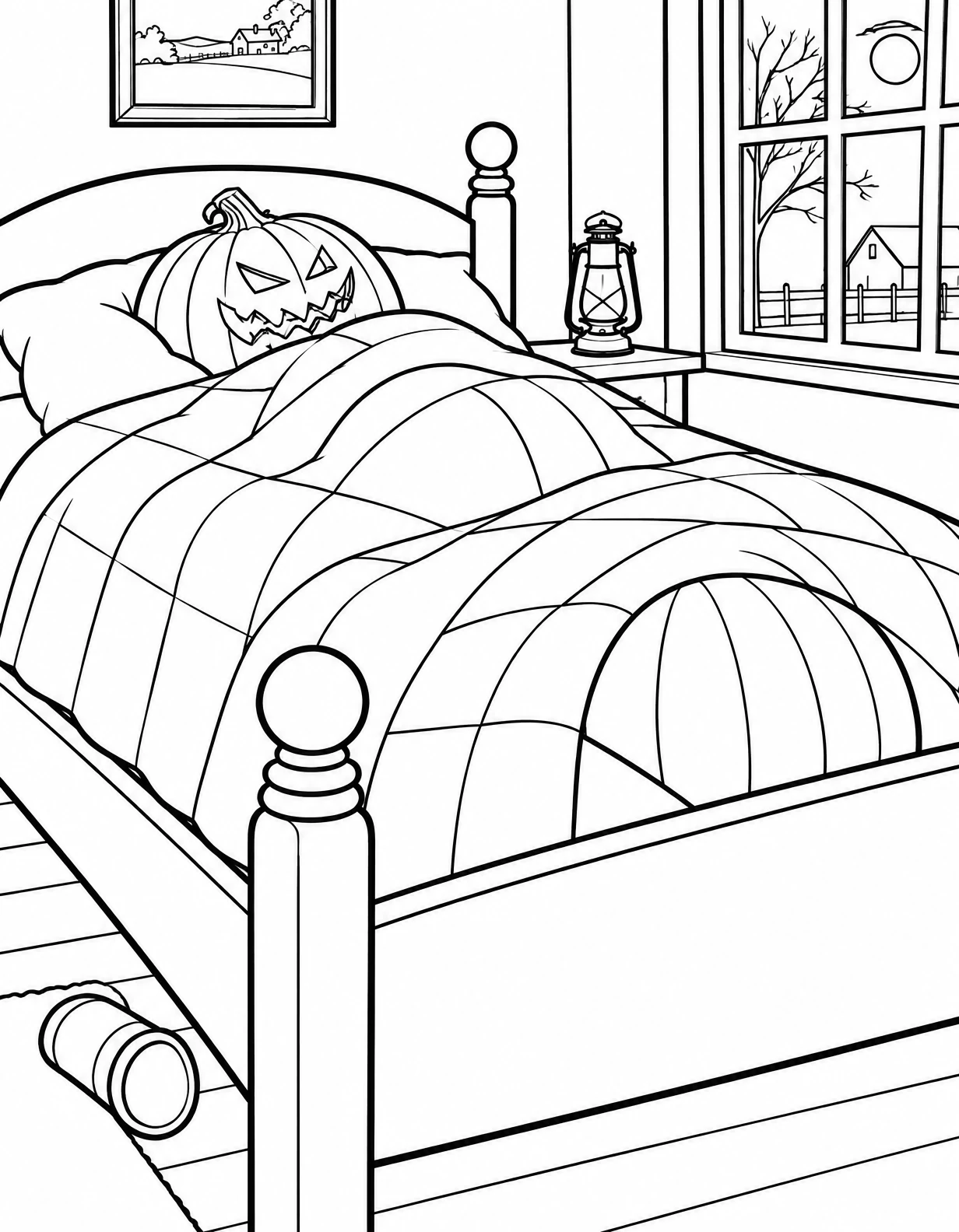 Jack-o'-Lantern Tucked in Bed – Pumpkin Hollow coloring page 13 A jack-o'-lantern head on a pillow in a cozy bedroom with a lantern and moonlit window, coloring page.