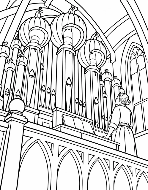 Pumpkin-topped pipe organ in a vaulted chapel with a woman at the keys, coloring page
