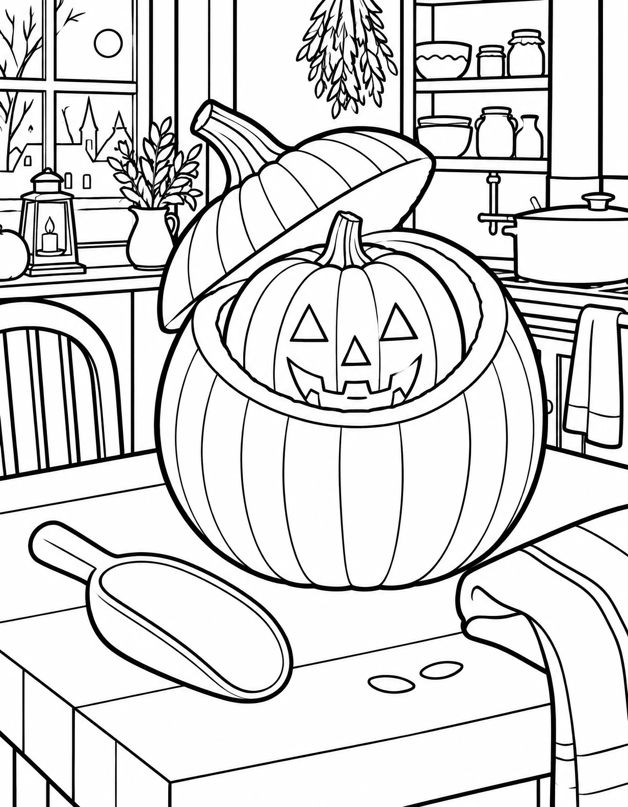 Jack-o'-Lantern in Cozy Kitchen – Pumpkin Hollow coloring page 15 Jack-o'-lantern on a farmhouse kitchen table with open lid, herbs and moonlit village outside, coloring page