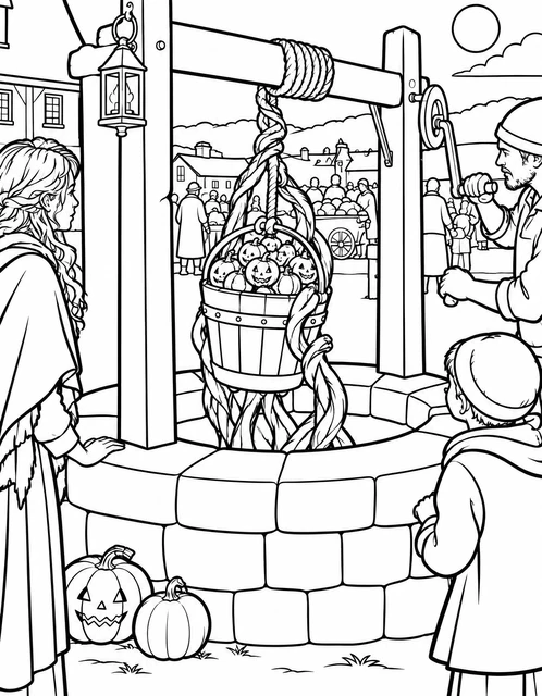 A bucket of jack-o'-lanterns being lifted from a stone well in a village square, coloring page.