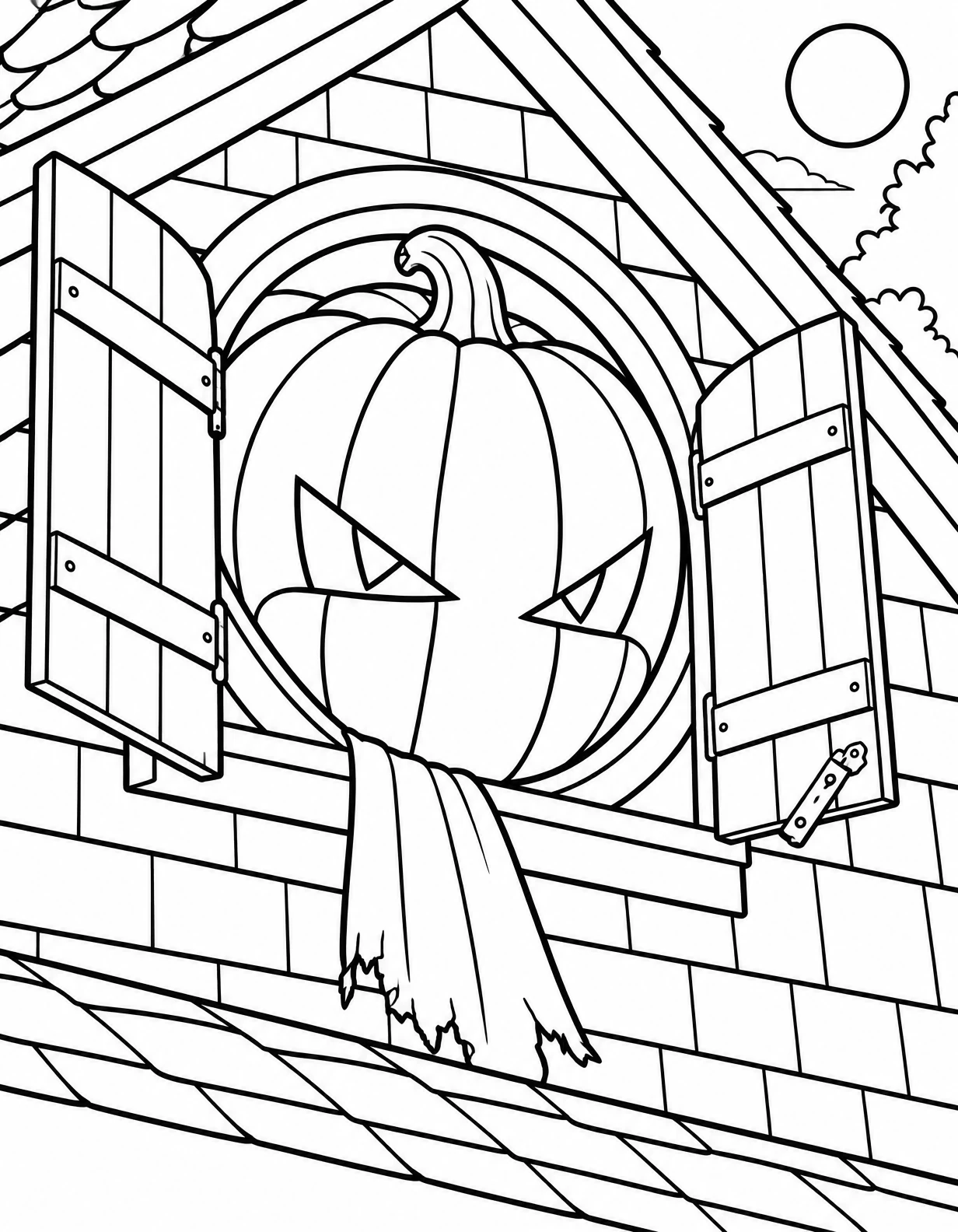Pumpkin Face in Attic Window – Pumpkin Hollow coloring page 17 Large jack-o'-lantern in a round attic window with open shutters and a tattered cloth, coloring page.