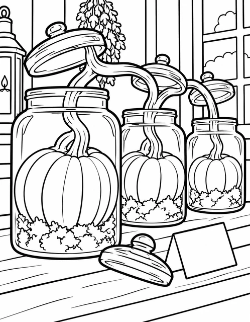 Three pumpkins inside large glass jars on a windowsill with leafy stems, coloring page