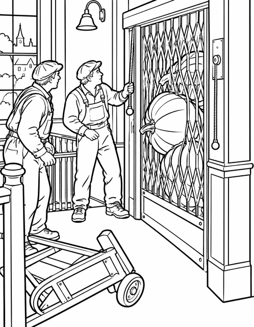 Two workers loading oversized pumpkins into an old-fashioned elevator in a village building, coloring page