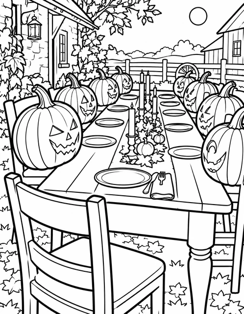 Long outdoor table with jack-o'-lanterns as guests, set with plates and candles, autumn leaves scattered, coloring page.