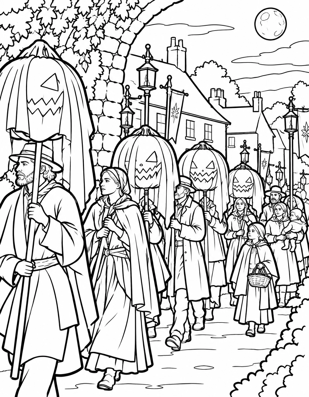 Pumpkin Lantern Parade Through Village – Pumpkin Hollow coloring page 21 People carrying giant pumpkin lanterns in a moonlit village street, coloring page