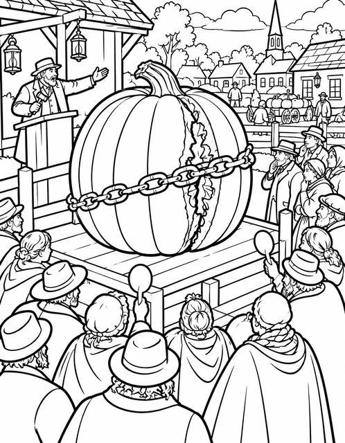 A massive chained pumpkin on a wooden stage at a village auction, with townsfolk gathered, coloring page