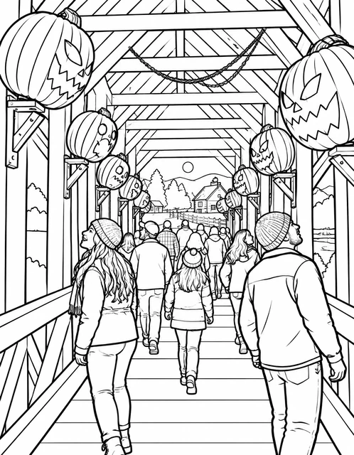 Families walking under jack-o'-lanterns on a wooden covered bridge toward a farmhouse, coloring page