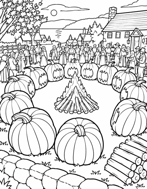 Large pumpkins arranged in a circle around a bonfire with villagers holding lanterns, coloring page.