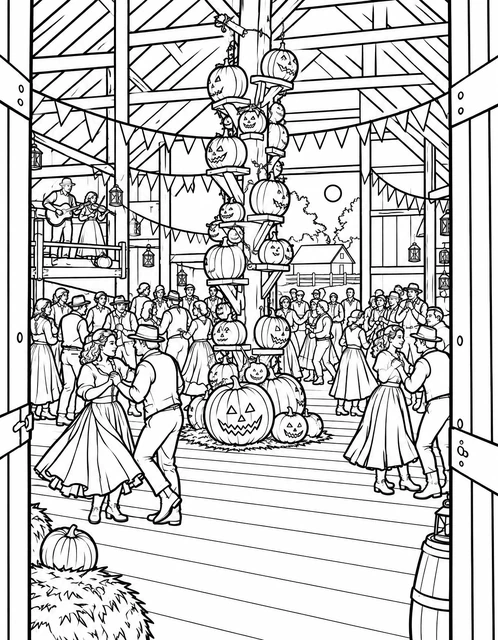 Couples dancing in a barn around a tall jack-o'-lantern display, with musicians on a stage, coloring page