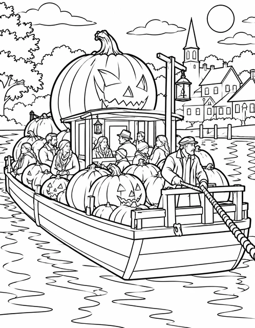 A pumpkin-filled ferry with jack-o'-lanterns and people crossing a river near a village, coloring page.