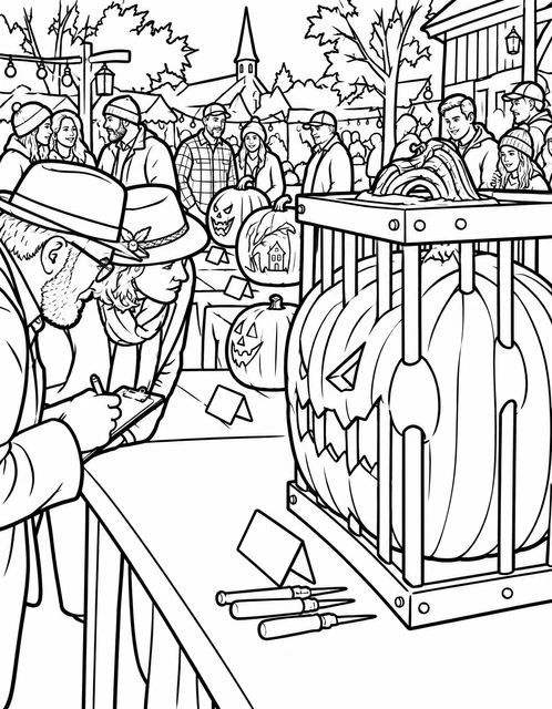 Pumpkin carving contest table at a village harvest festival with people judging jack-o'-lanterns, coloring page