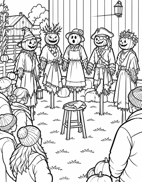 Five pumpkin-headed scarecrows dressed in costumes on a lawn with villagers watching, coloring page