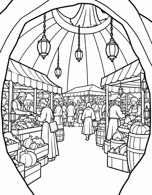Pumpkin market stalls beneath a domed canopy with hanging lanterns and villagers shopping, coloring page.