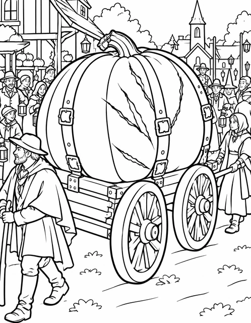 A massive pumpkin on a wooden wagon pulled through a village square by people in cloaks, coloring page.