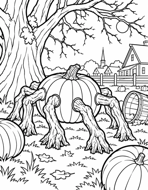 A pumpkin with tree branch legs standing under a large tree near a farmhouse, coloring page