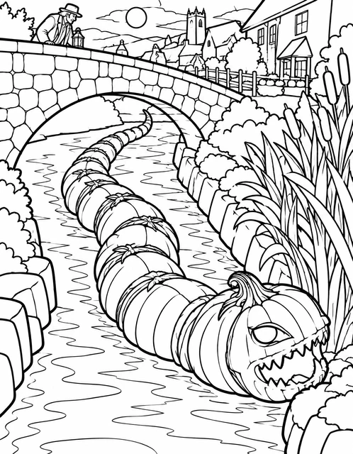 A giant pumpkin serpent winding through a village stream beneath a stone bridge, coloring page.
