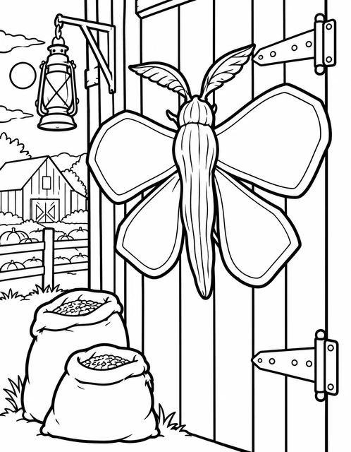 A giant moth perched on a barn door with sacks of grain and a lantern nearby, coloring page.