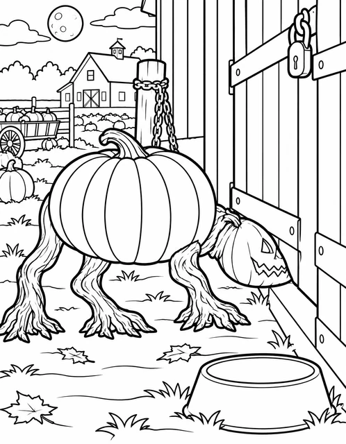Pumpkin creature with gnarled legs sniffing a locked barn door under a full moon, coloring page