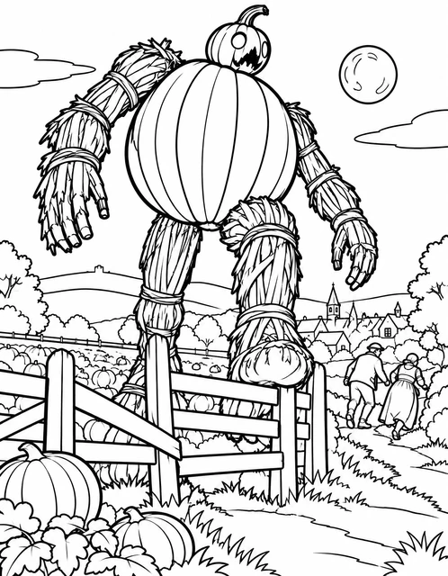 A giant pumpkin-headed golem stands by a wooden fence in a pumpkin patch near a village, coloring page.
