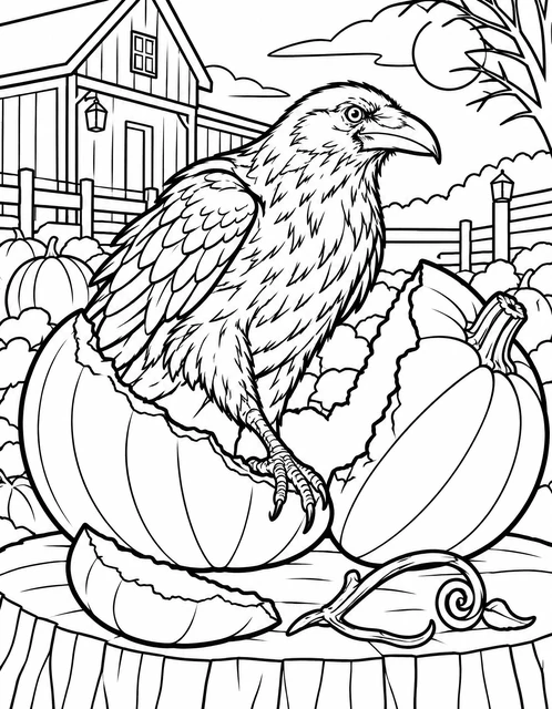 A raven perched on a cracked pumpkin in a pumpkin patch near a barn, coloring page.