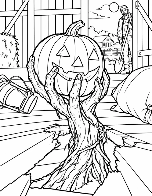 Gnarled tree roots lifting a jack-o'-lantern through a barn floor with a farmer watching, coloring page