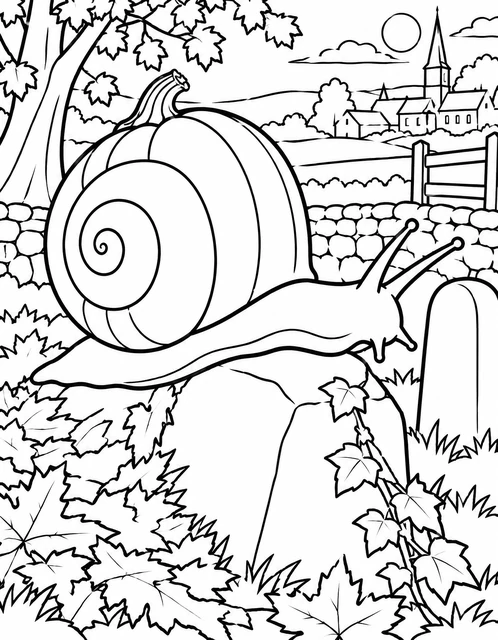 A giant snail with a pumpkin shell on a rock near a stone wall and autumn leaves, village in background, coloring page.