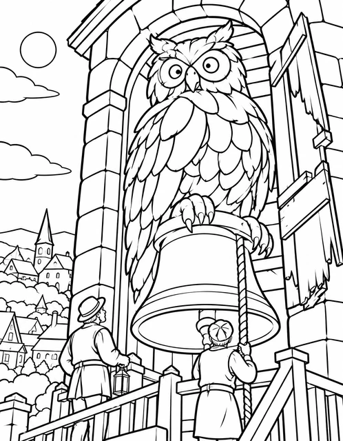 A giant owl perched on a bell in a stone tower above a village, with two villagers below, coloring page.