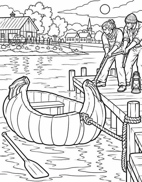 Pumpkin-shaped boat tied to a lakeside dock with two people pulling a rope, village in background, coloring page