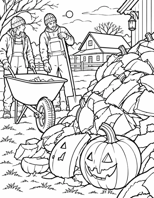 Two people with a wheelbarrow beside a pile of broken jack-o'-lanterns near a barn, coloring page