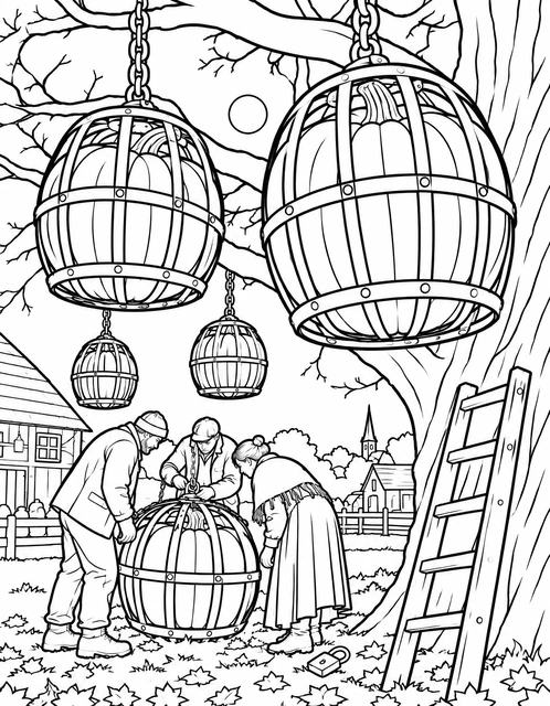 Three villagers securing a giant pumpkin in a wooden cage under a tree with hanging pumpkin cages, coloring page.